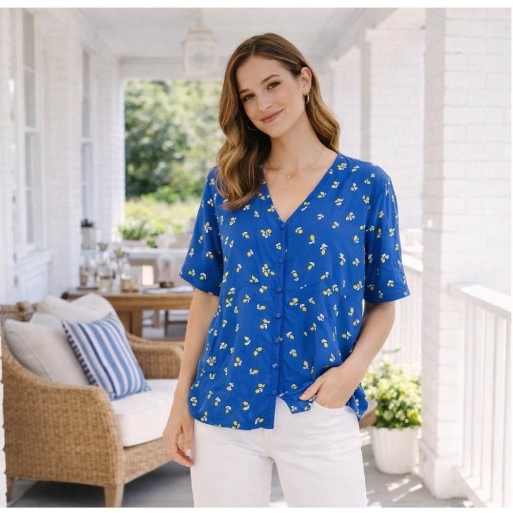 P2 Joules Georgie Lemon Ditsy Blouse Blue Yellow Button Up Top 212547 US 8 NEW